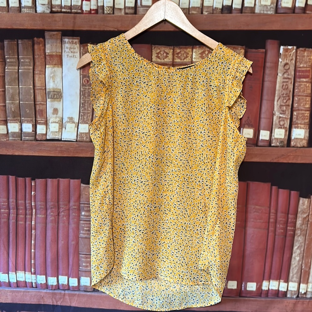 Adrianna Papell Yellow Floral Blouse Womens Small Cap Sleeve Lightweight Top